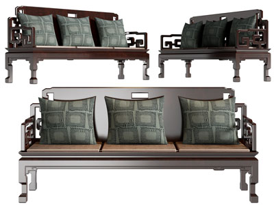 中式实木边框多人沙发