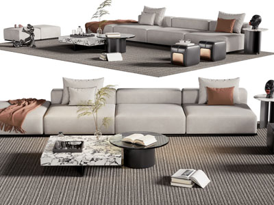 现代多人沙发、沙发凳子和茶几组合