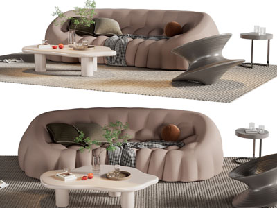 现代多人沙发、休闲椅子和茶几组合