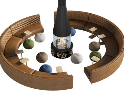 简欧公共圆形多人沙发、壁炉火炉