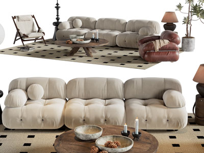 侘寂风多人沙发、休闲椅子和茶几组合