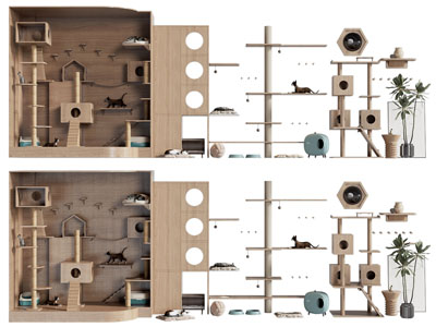 现代实木猫爬架、猫屋、猫玩具