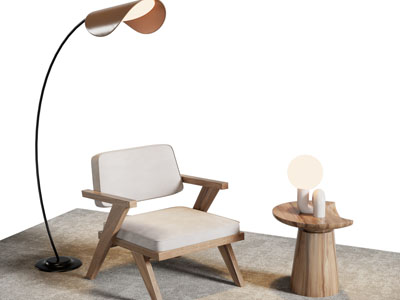 现代休闲椅子、边几、落地灯
