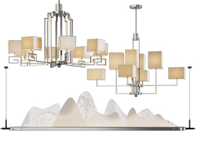 新中式方形灯罩多头、山脉吊灯