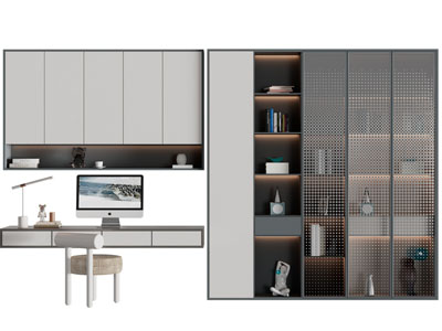 现代书桌椅组合、装饰柜