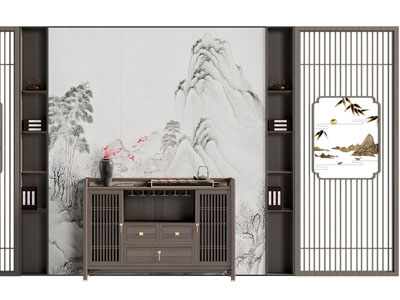 新中式背景墙、餐边柜3d模型 新中式背景墙、餐边柜