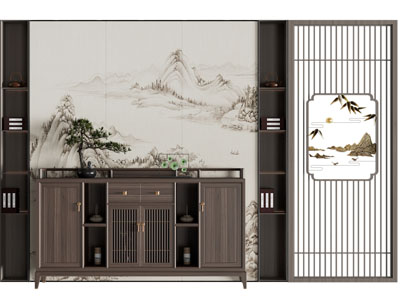 新中式玄关柜、背景墙