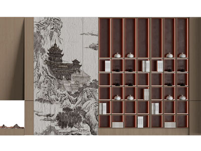 新中式背景墙、装饰柜3d模型 新中式背景墙、装饰柜