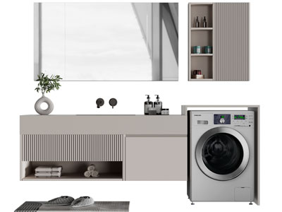 现代带洗衣机的洗手台、镜柜