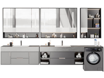 现代带收纳柜的洗手台、镜柜