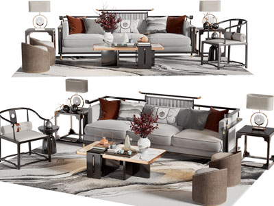 新中式多人沙发、圈椅和茶几组合