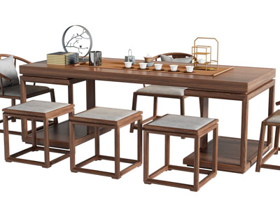 新中式实木长方形餐桌椅组合