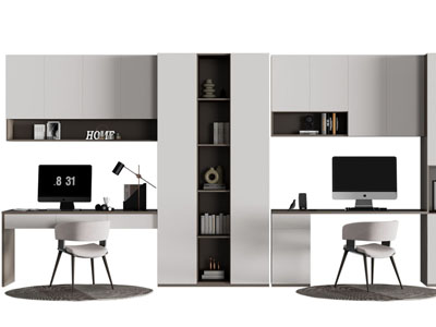 现代带书柜的书桌椅组合