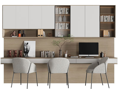 现代加宽带书柜的三人位书桌椅组合