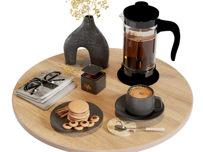 北欧实木托盘、咖啡壶、咖啡杯摆件组合