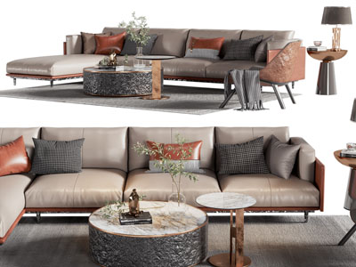 现代皮质转角多人沙发、茶几组合