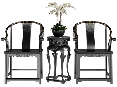 新中式扶手椅、圈椅、边几