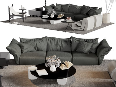 现代布艺多人沙发、休闲椅子和茶几组合