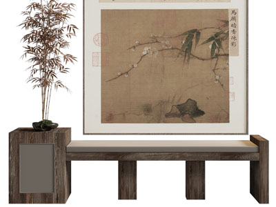 新中式装饰边几的长凳子、挂画