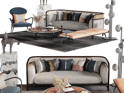 新中式多人沙发、休闲椅子和茶几组合