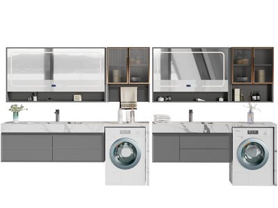 现代嵌入洗衣机的洗手台、镜柜