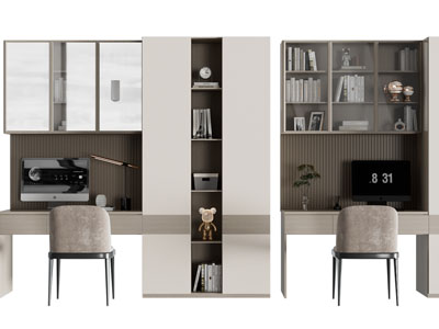 现代带书桌椅的书柜