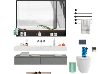 现代悬挂式洗手台、镜柜、马桶
