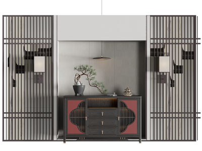 新中式背景墙、玄关柜3d模型 新中式背景墙、玄关柜