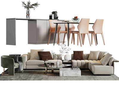 现代多人沙发、餐桌椅和茶几组合