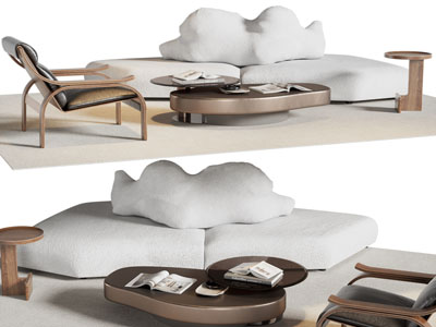 侘寂风多人沙发、休闲椅子和茶几组合