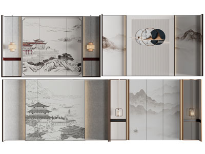 新中式背景墙3d模型 新中式背景墙