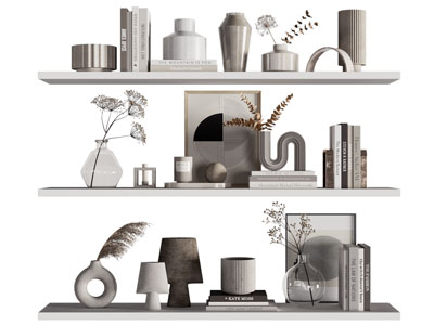 现代隔板陶艺器皿、书籍摆件组合