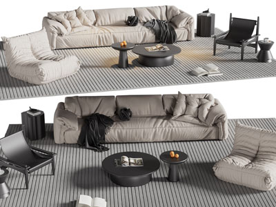 现代布艺多人、懒人沙发、茶几组合