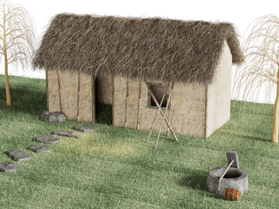 现代茅草房、草地