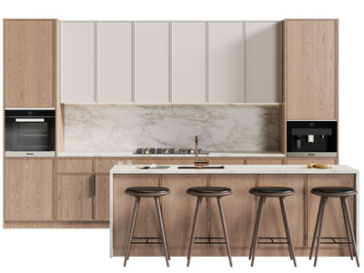 现代实木撞色橱柜、厨房中岛吧台