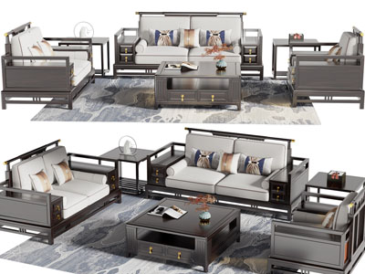 新中式双人、单人沙发和茶几组合
