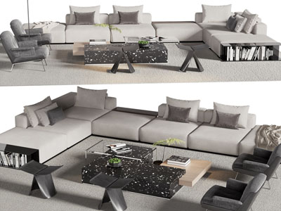 现代转角多人沙发、休闲椅子和茶几组合