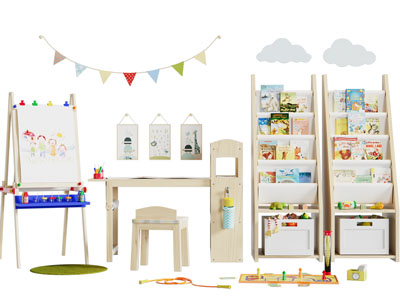 北欧实木儿童绘本书柜、画架和书桌椅组合