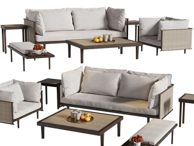 现代布艺双人、单人沙发和茶几组合