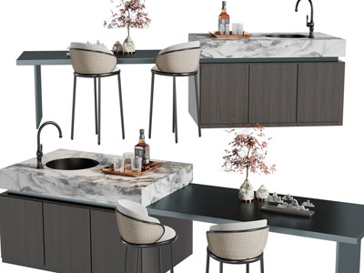 新中式带水吧台的餐桌椅组合