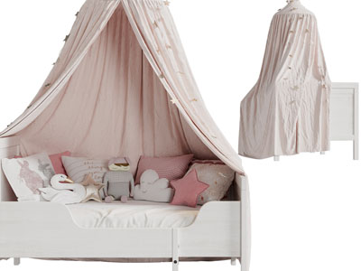 现代实木带床帏的儿童床