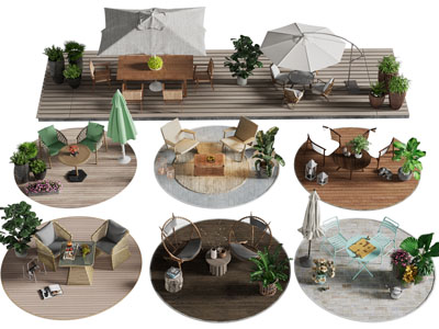 现代户外遮阳伞、休闲桌椅组合