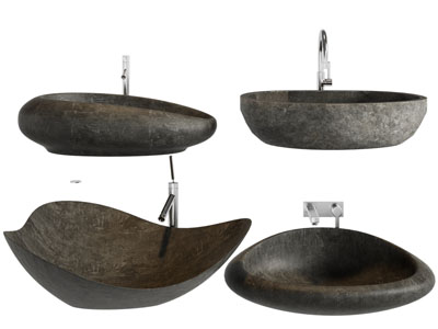 侘寂风石雕洗手盆、水龙头