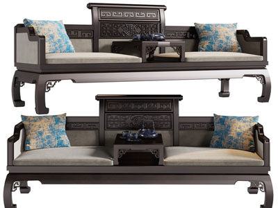 新中式罗汉床、双人沙发3d模型 新中式罗汉床、双人沙发
