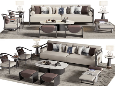 新中式双人沙发、休闲椅子和茶几组合