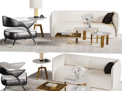 现代轻奢双人、单人沙发和茶几组合