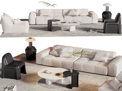 现代布艺双人沙发、休闲椅子和茶几组合