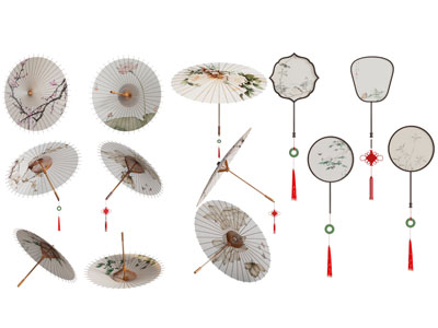 新中式纸伞、扇子装饰品摆件组合