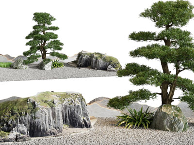 新中式松树、石头景观园艺小品