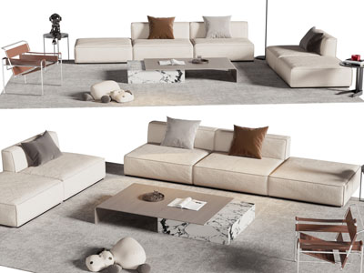 现代转角多人沙发、休闲椅子和茶几组合